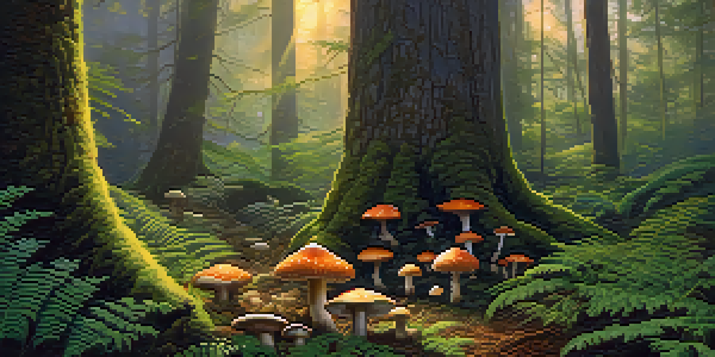A tranquil forest at dawn with sunlight filtering through ancient trees, featuring a vibrant patch of psilocybin mushrooms surrounded by lush moss and ferns.