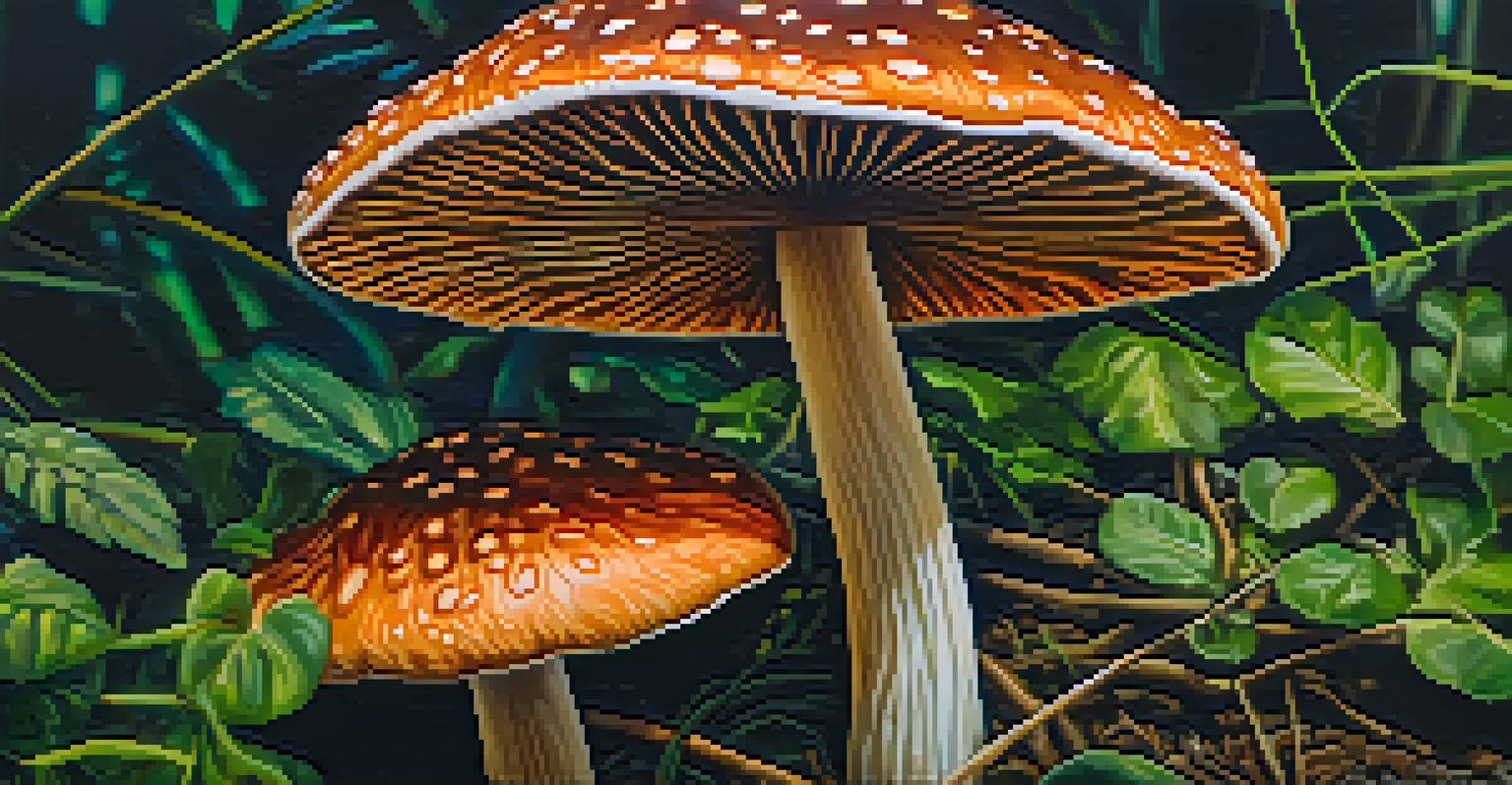 Close-up of a psilocybin mushroom with rich colors and textures against a blurred green background.