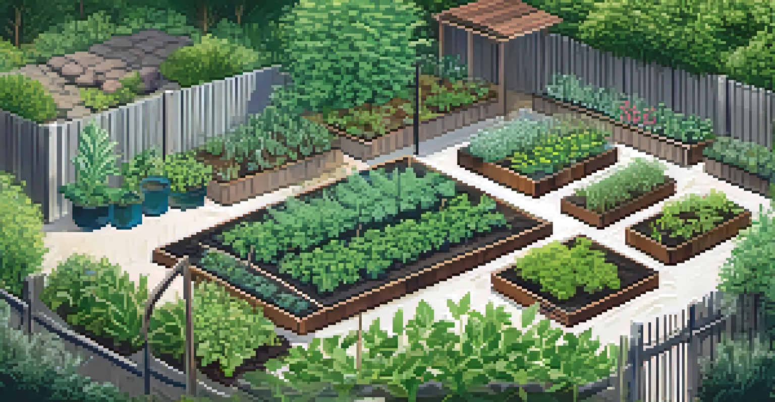An overhead perspective of a structured garden layout with mint, cannabis, and legumes planted in harmony, showcasing a variety of companion plants.