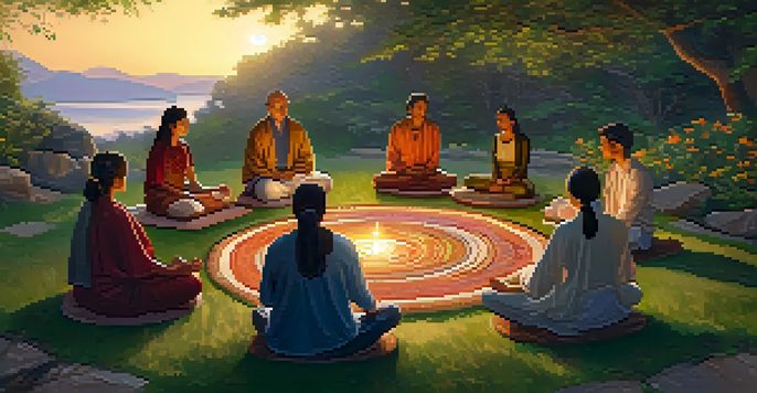 A peaceful outdoor ritual with participants seated in a circle, surrounded by greenery and warm sunset light.