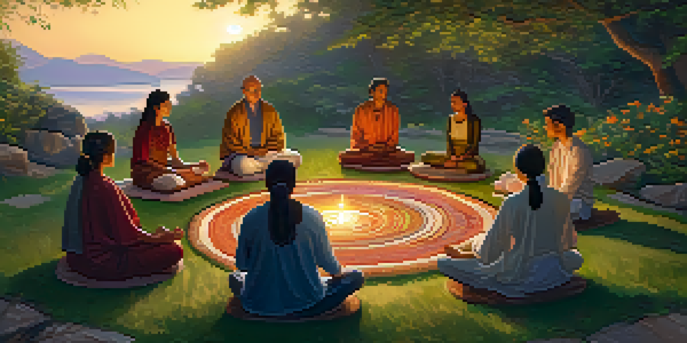 A peaceful outdoor ritual with participants seated in a circle, surrounded by greenery and warm sunset light.