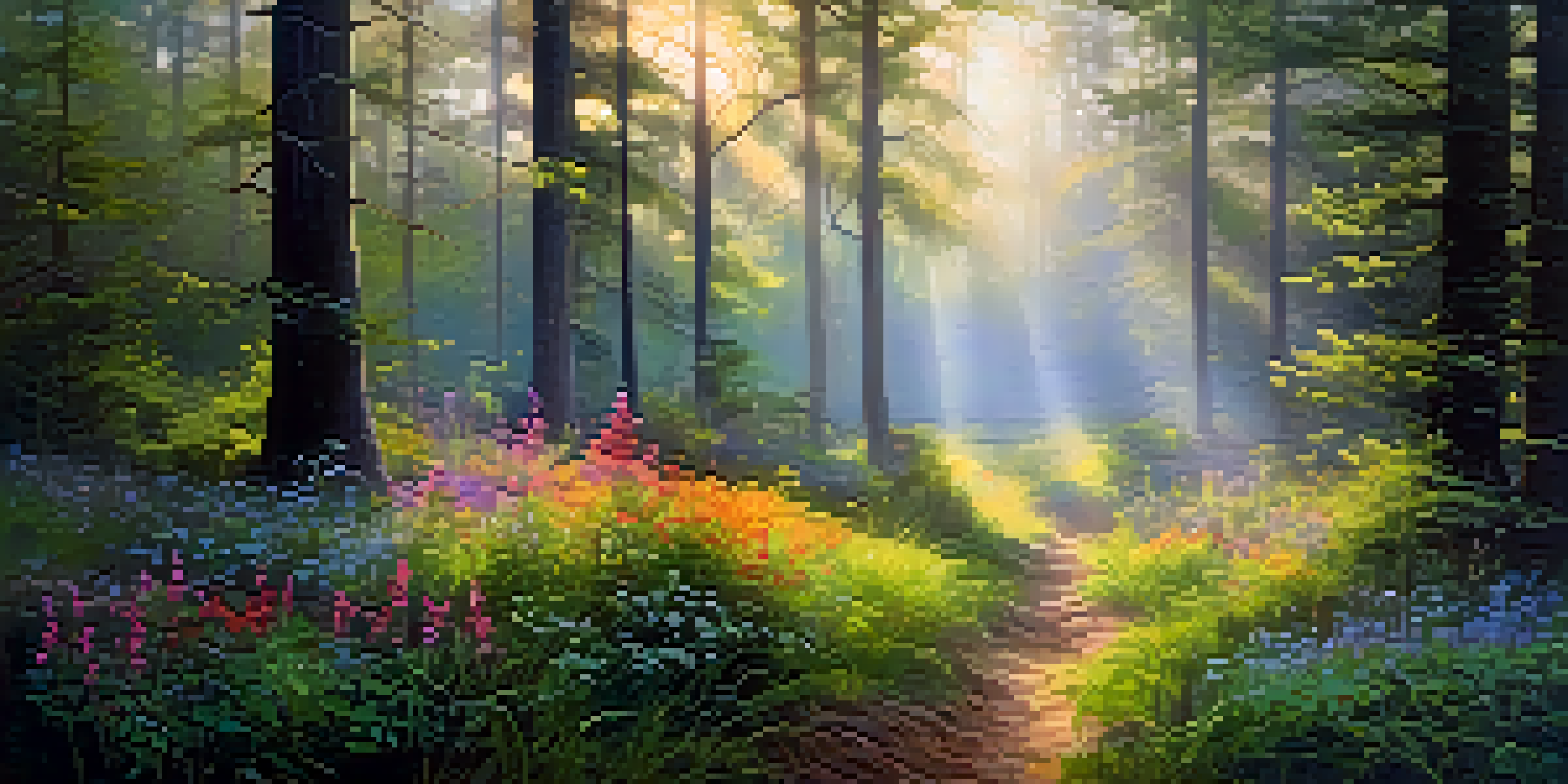 A peaceful forest at dawn with sunlight shining through trees and colorful wildflowers in a misty clearing.