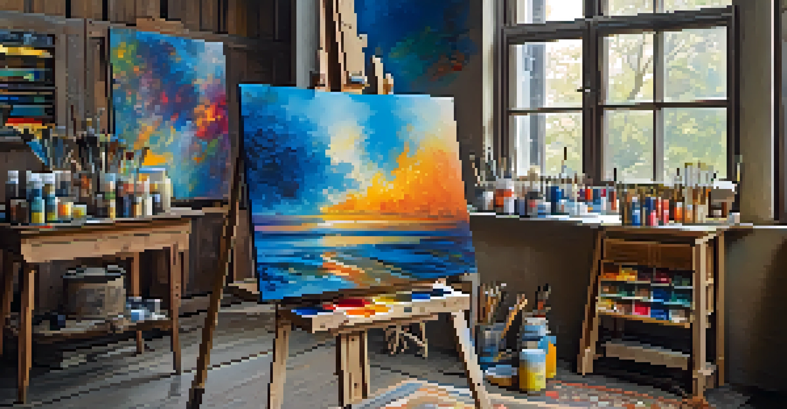 An artist's studio with colorful abstract paintings, a window letting in light, and a canvas on an easel.