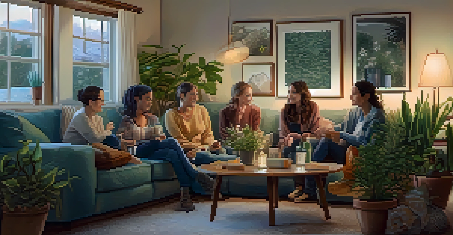 A cozy living room with friends sitting in a circle on cushions, engaged in deep conversation under soft lighting, surrounded by plants and art.