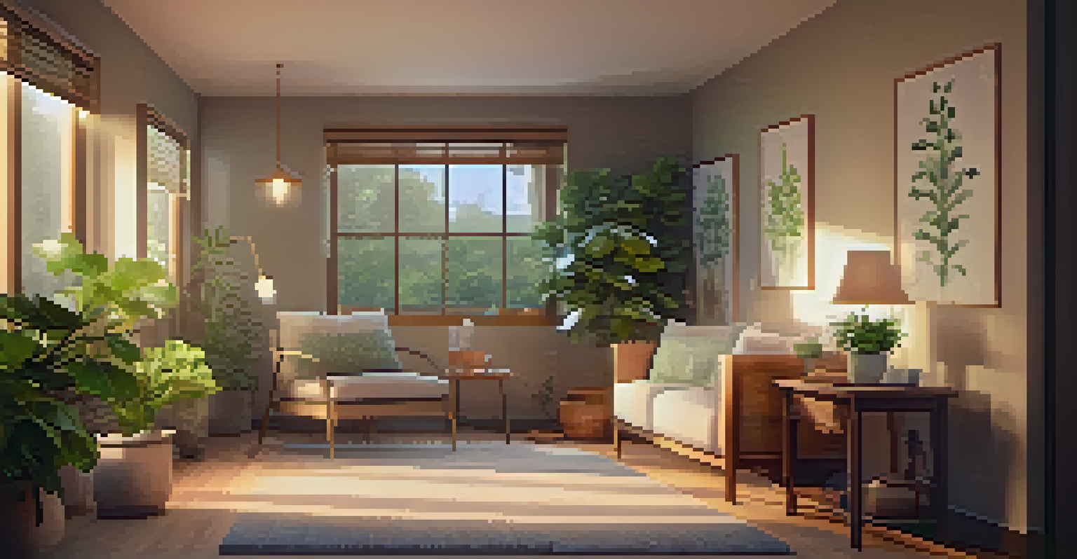 A warm and inviting therapy room with comfortable seating and soft lighting, adorned with plants and a view of a garden.