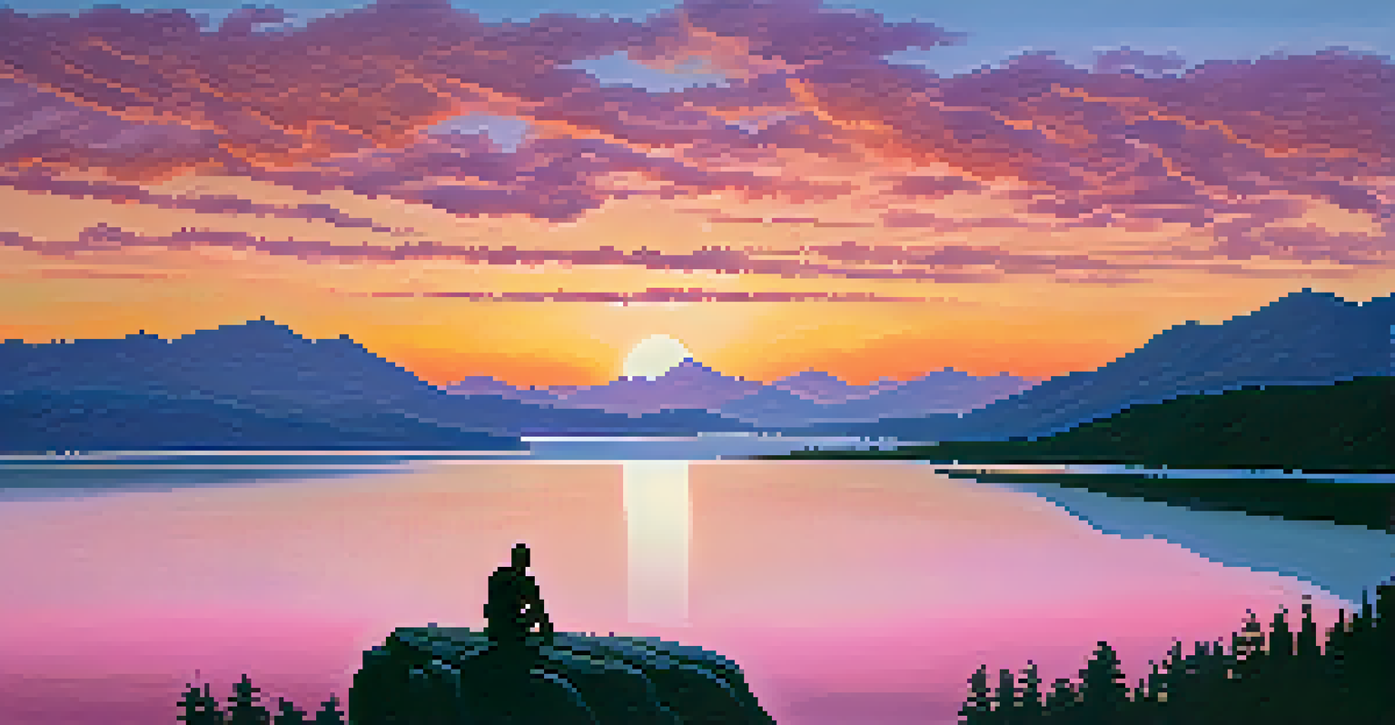 A person sitting on a ledge during sunset, looking over a mountain range and lake, with vibrant colors in the sky.