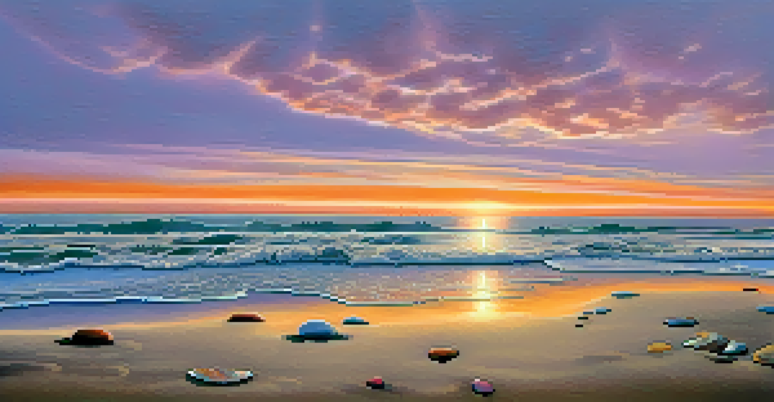 A close-up of a beach at sunset with gentle waves, colorful sky, and smooth pebbles on the sand.