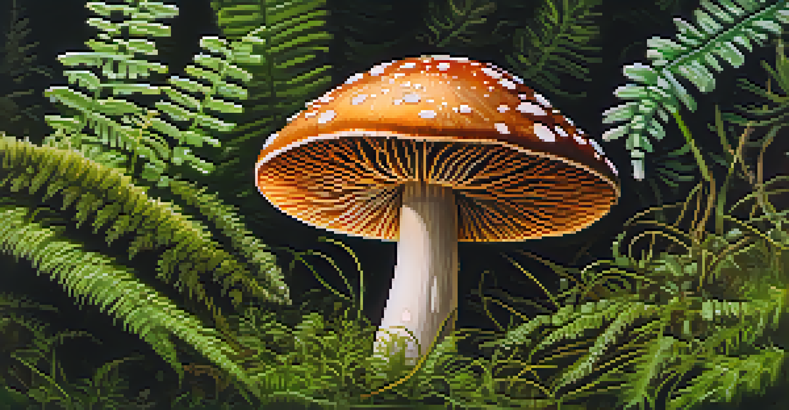 A detailed close-up of a colorful mushroom with moss and ferns around it, glistening with dew.