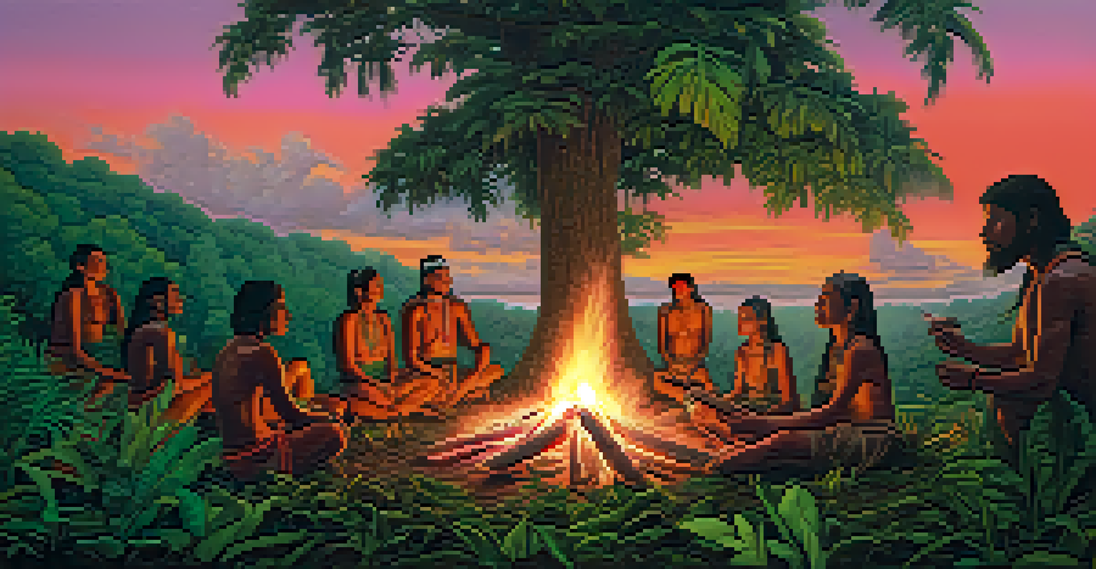 Indigenous people gathered around a fire in the Amazon rainforest at dusk, preparing ayahuasca with expressions of connection and unity.