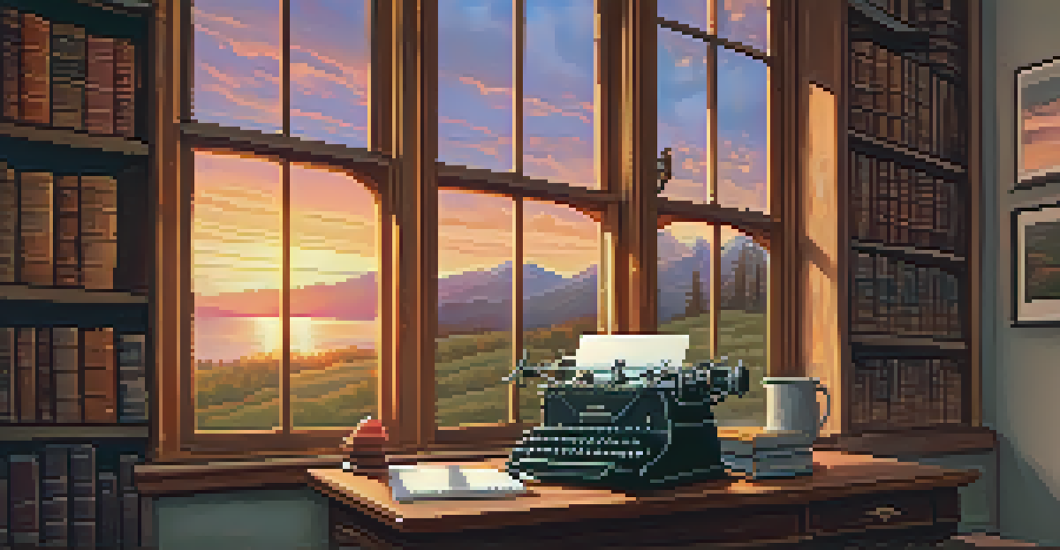 A cozy writer's nook with a wooden desk, notebooks, a typewriter, and a view of a vibrant sunset.