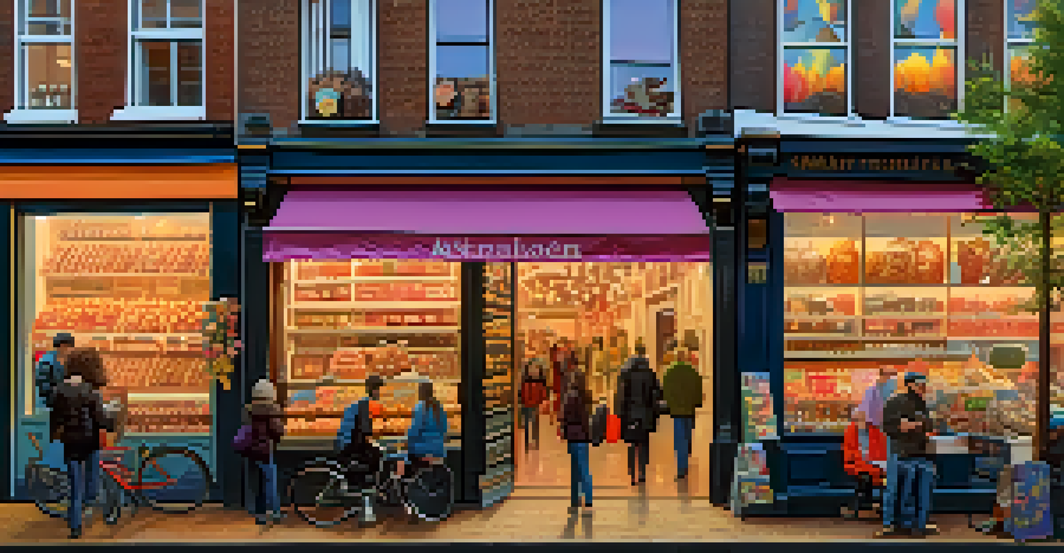 A busy street in Amsterdam with a 'smart shop' selling psilocybin truffles, filled with colorful artwork and lively customers.
