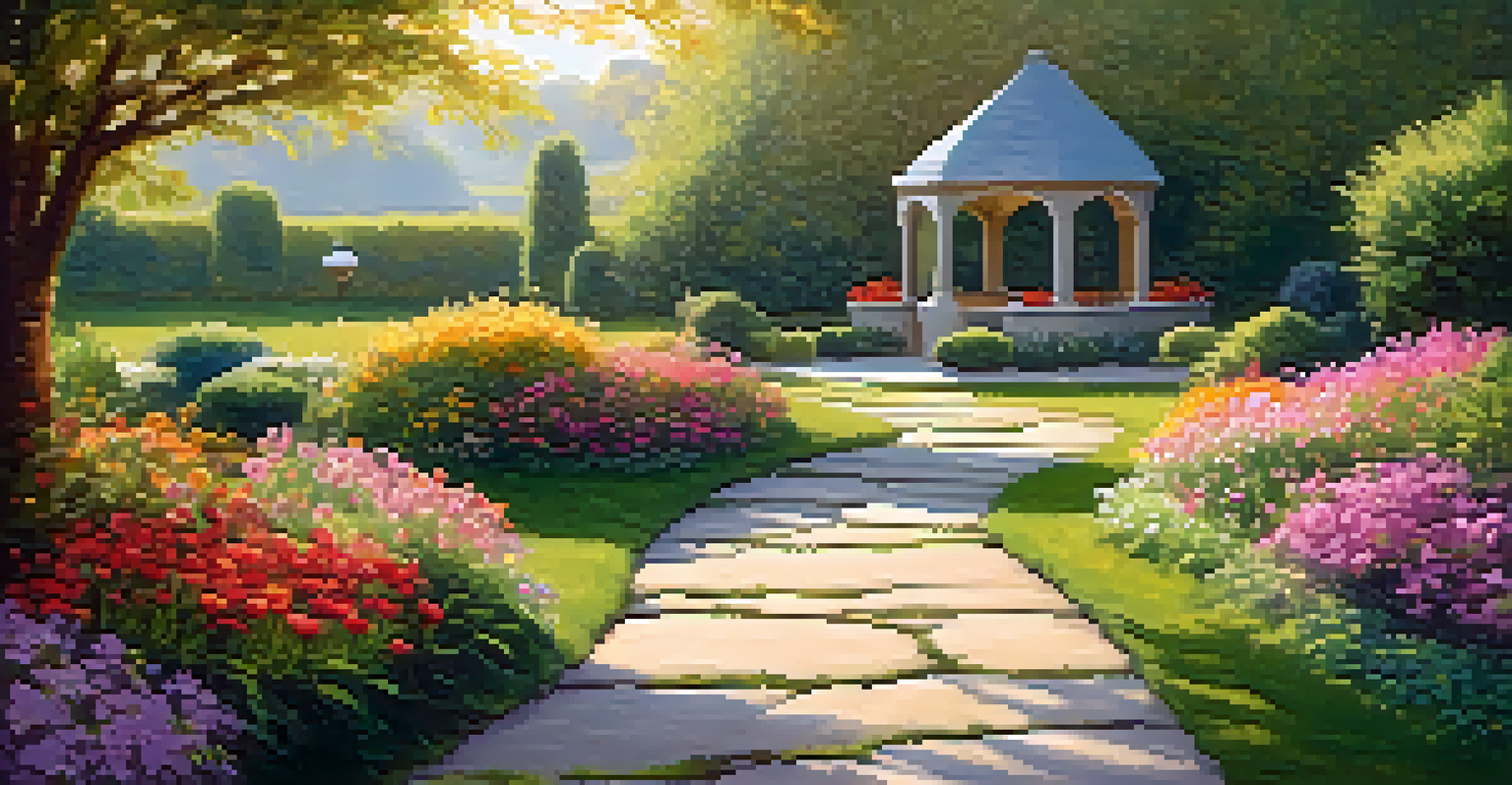 A beautiful garden with blooming flowers and a stone path, illuminated by golden sunlight, symbolizing peace and growth.