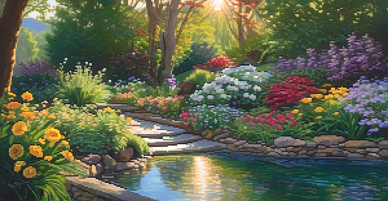 A peaceful garden scene with colorful flowers and a small stream, illuminated by warm golden sunlight during the golden hour.