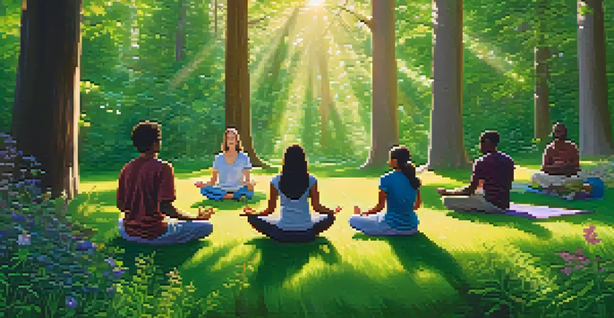 A diverse group of people meditating in a sunlit forest, sitting on the grass surrounded by trees and flowers.