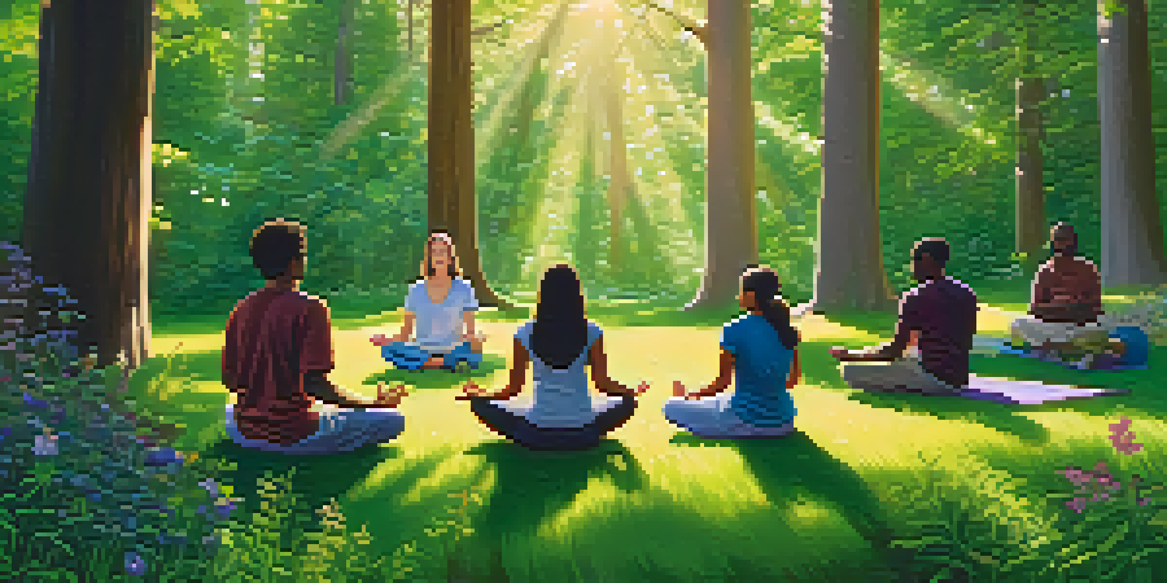 A diverse group of people meditating in a sunlit forest, sitting on the grass surrounded by trees and flowers.