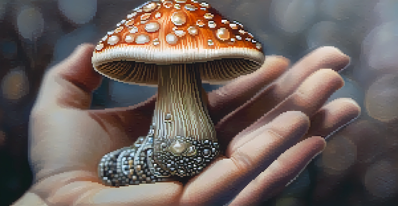 A close-up view of a hand holding a psilocybin mushroom, showcasing its texture and color against a blurred background.