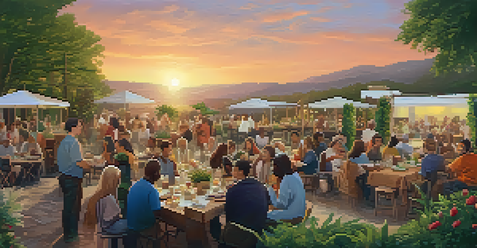 A vibrant community gathering outdoors at sunset, with people engaged in conversation and sharing organic food, emphasizing ecological awareness.