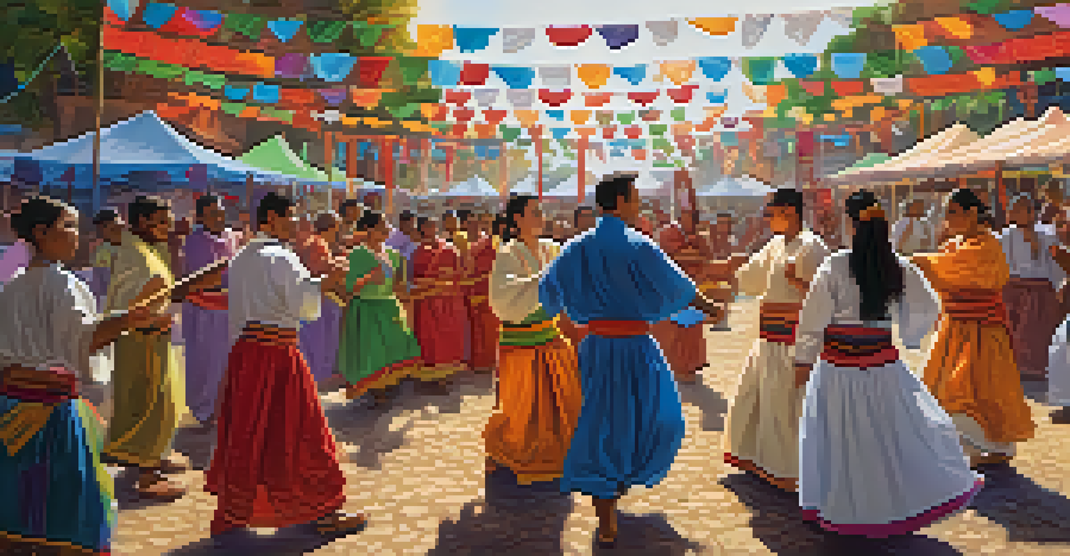 A lively cultural festival with diverse people participating in a traditional ceremony, surrounded by colorful decorations.