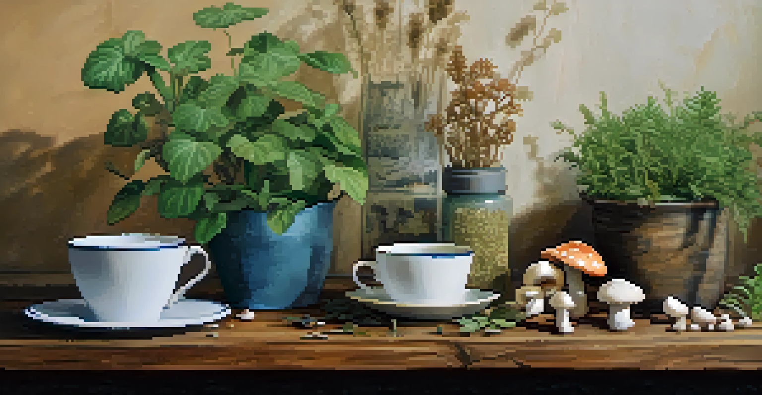 An artistic arrangement of entheogenic plants and mushrooms on a wooden table, with a journal and herbal tea.