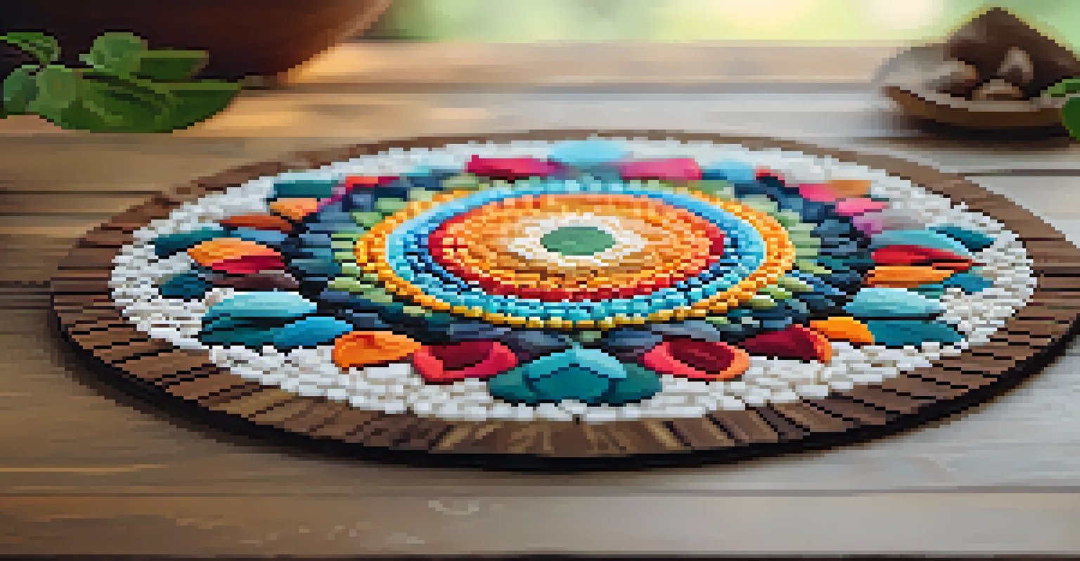 A colorful mandala made from natural materials arranged on a wooden table, illuminated by soft natural light.