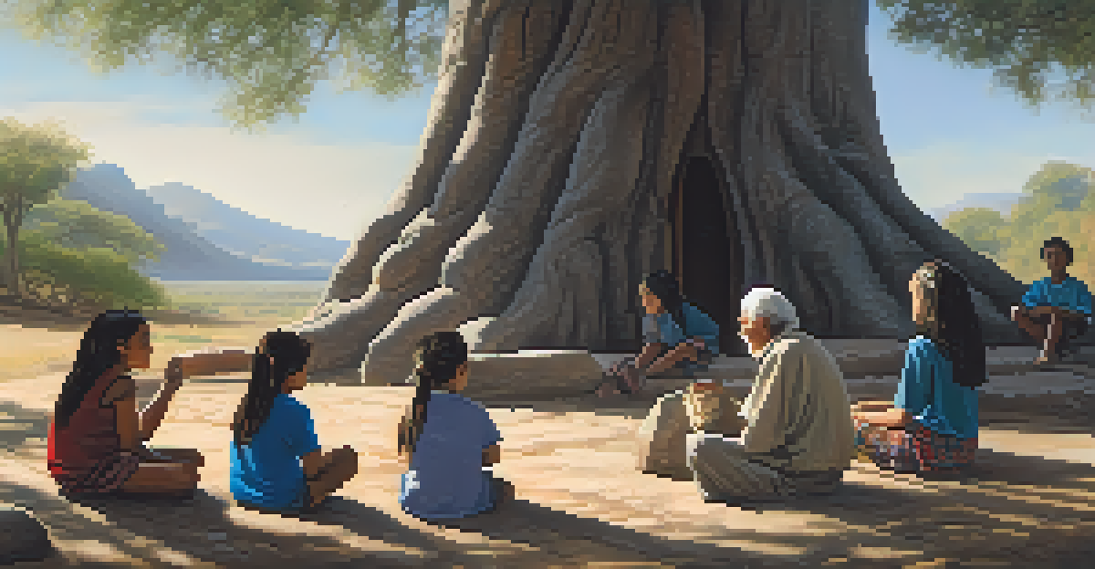 An elder storytelling to children at a sacred site, surrounded by nature.