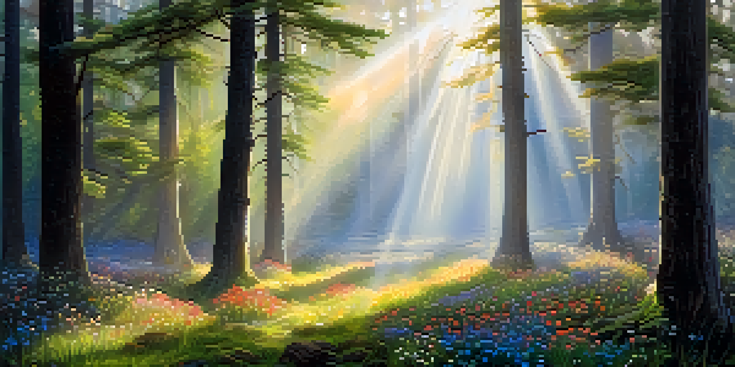 A peaceful forest at dawn with sunlight filtering through trees, colorful wildflowers, and mushrooms in a misty clearing.