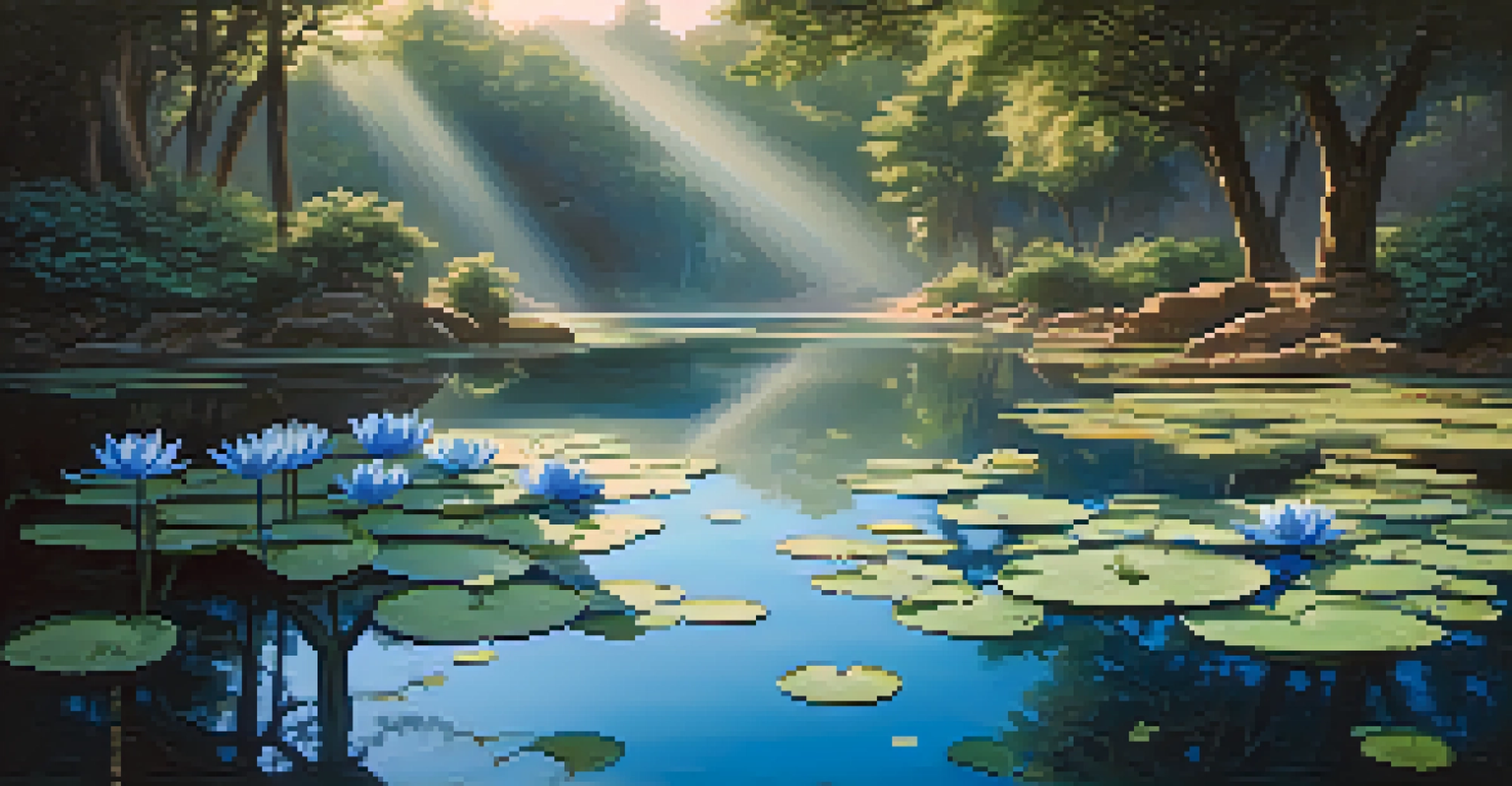 A blue lotus flower on a calm river, surrounded by greenery and Egyptian symbols, with sunlight filtering through the trees.