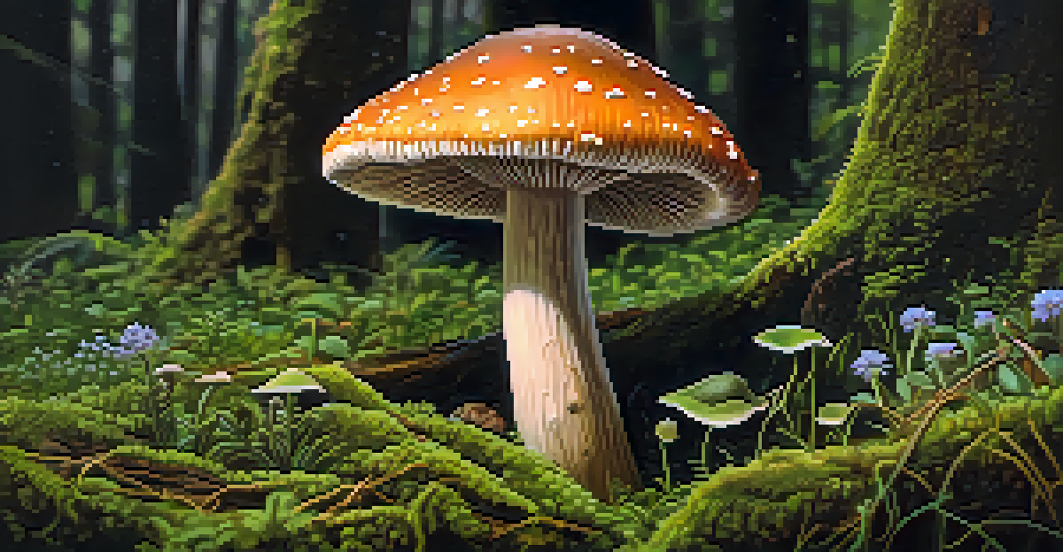 A close-up view of a psilocybin mushroom surrounded by moss and wildflowers.