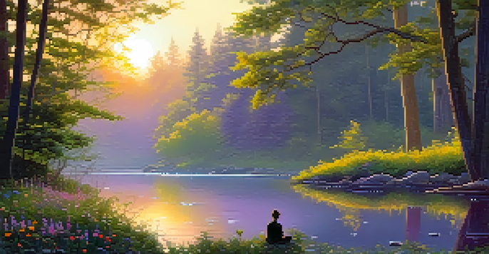 A peaceful forest scene at sunrise with a stream and a person meditating by the water.