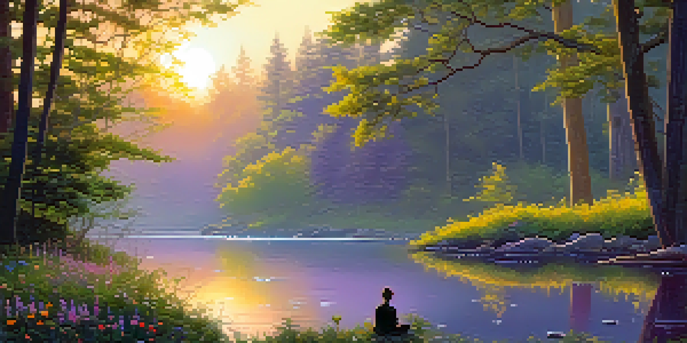 A peaceful forest scene at sunrise with a stream and a person meditating by the water.