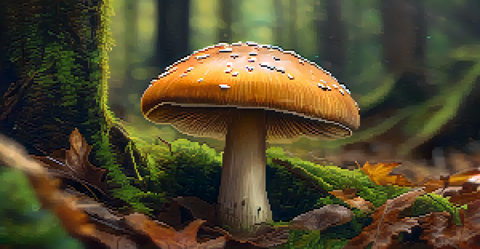 A close-up view of a psilocybin mushroom surrounded by moss and leaves in a forest.