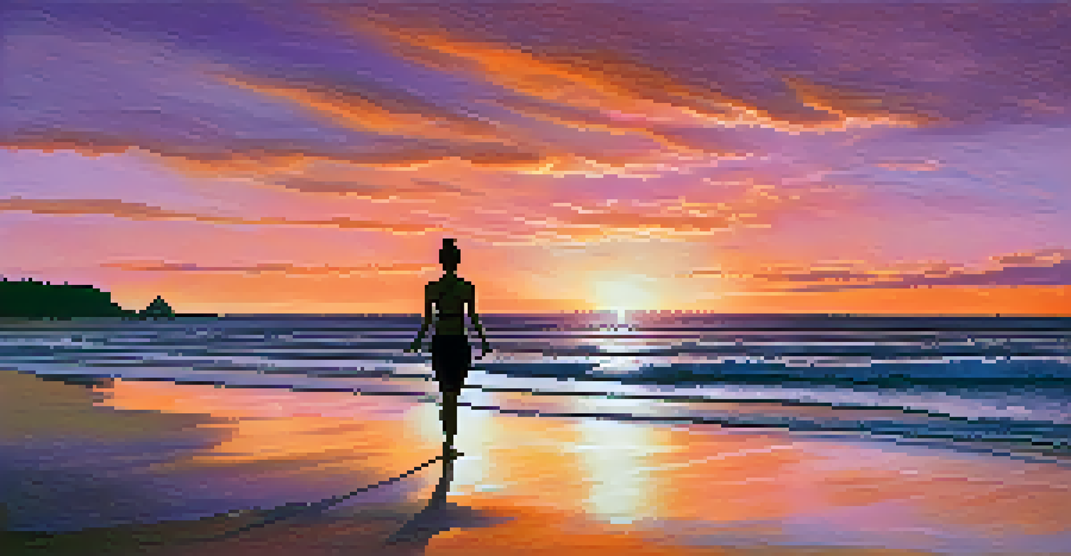 A beach at sunset with gentle waves and a figure practicing yoga on the sand against a vibrant sky.
