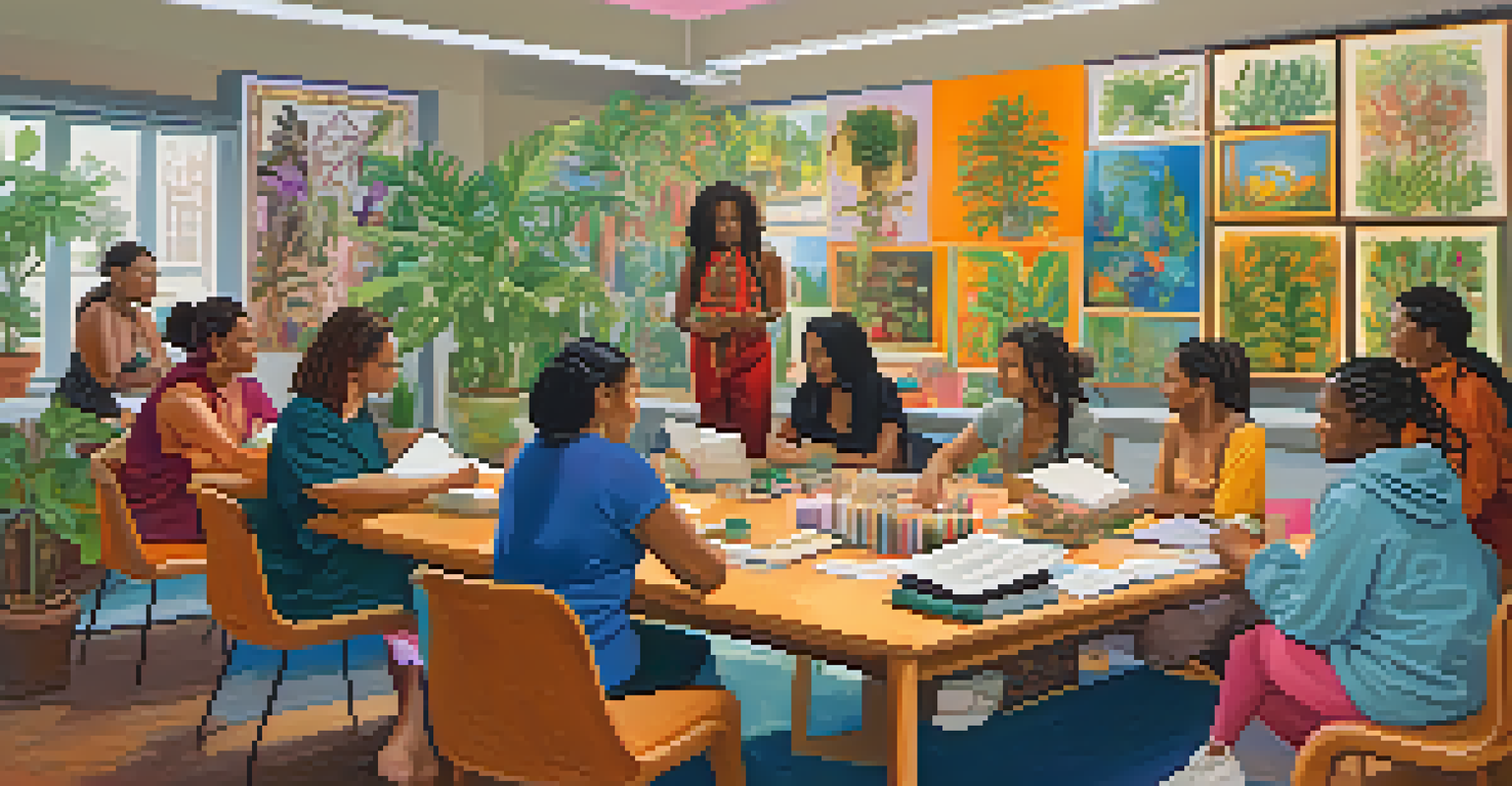 Women of diverse backgrounds engaged in a workshop about entheogens in a bright urban setting.