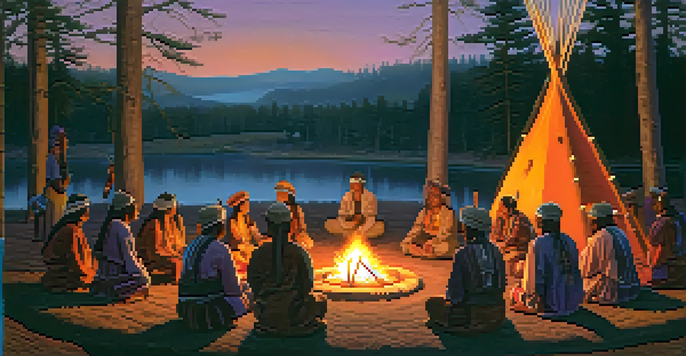 Indigenous ceremony at dusk with participants around a campfire, wearing traditional garments and a colorful sunset in the background.