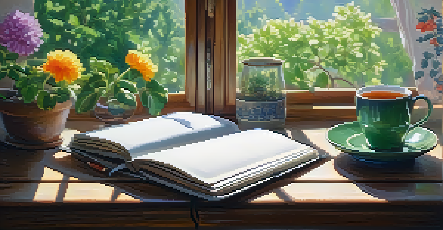 An open notebook on a wooden table by a window, with a cup of tea and a potted plant, overlooking a blooming garden.
