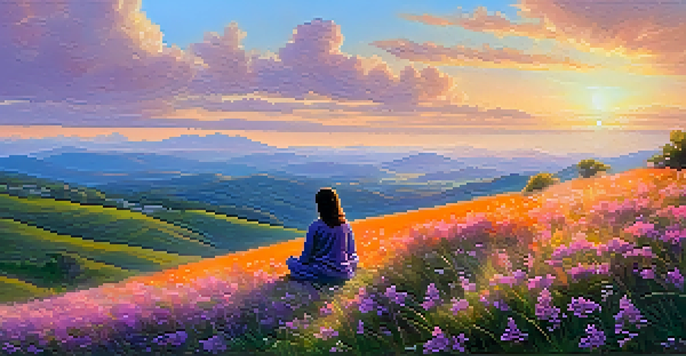 A person meditating on a grassy hilltop at sunrise, surrounded by wildflowers and a colorful sky.