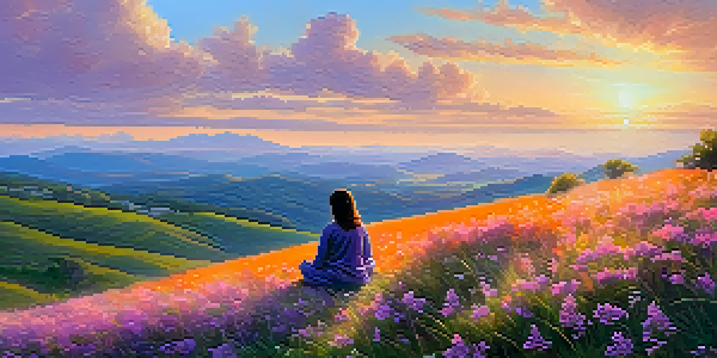 A person meditating on a grassy hilltop at sunrise, surrounded by wildflowers and a colorful sky.