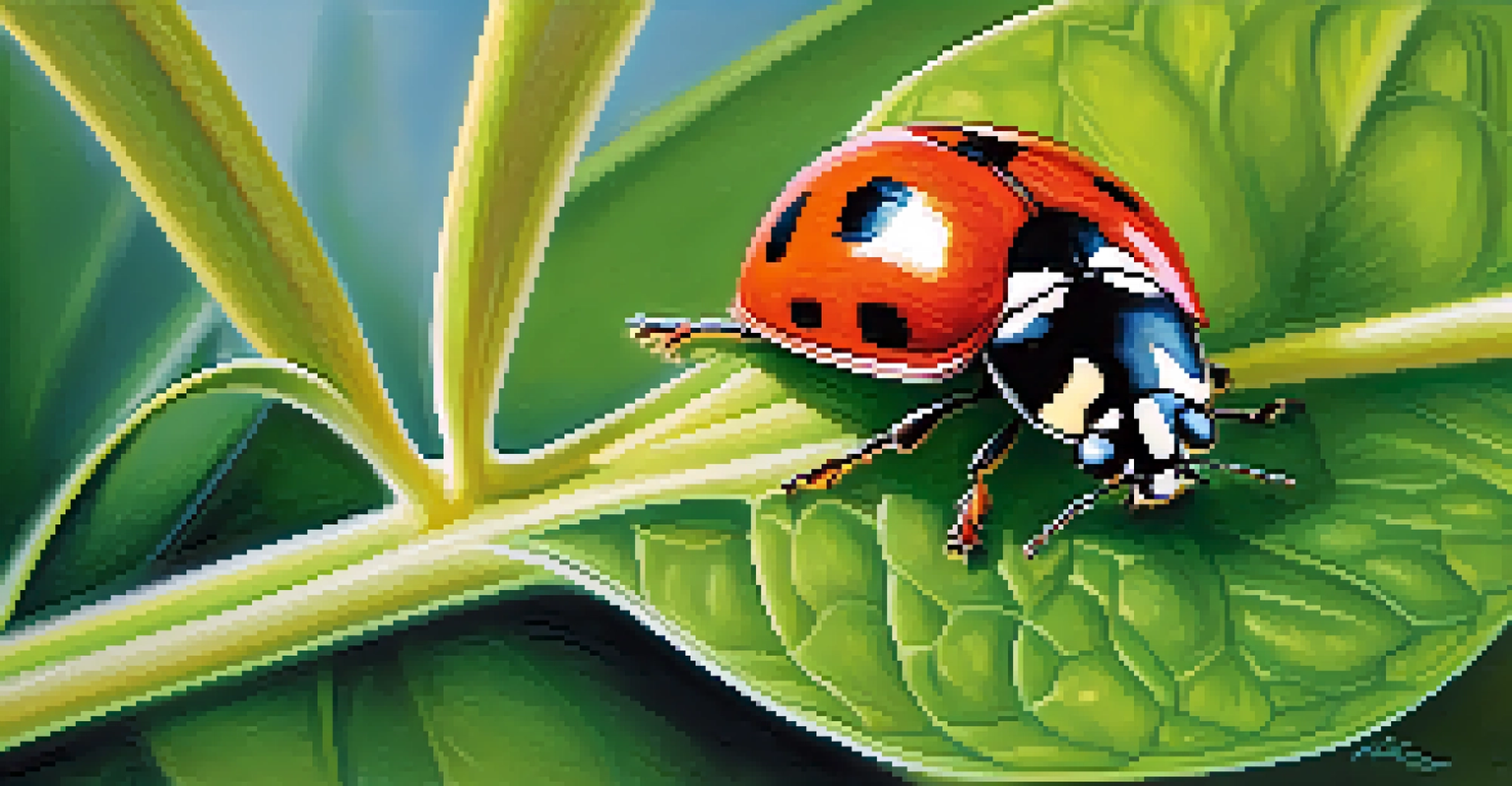 A close-up of a ladybug on a green leaf, showcasing the texture of the leaf and the bright colors of the ladybug among delicate plants.