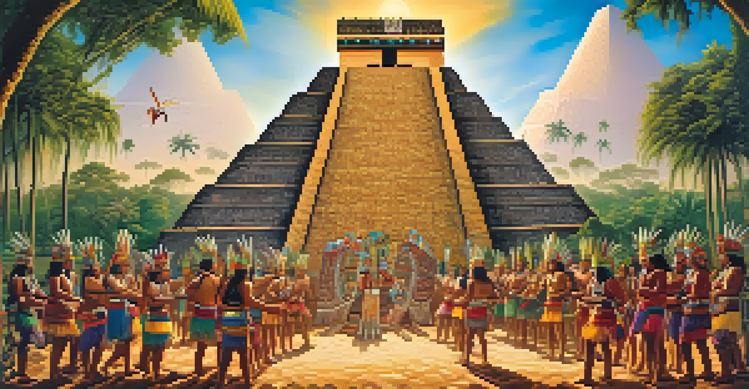 A ceremonial gathering of Aztecs and Mayans in a vibrant landscape with pyramids and jungle, individuals in colorful attire dancing.