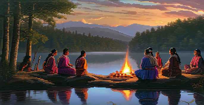 An Indigenous group gathered around a ceremonial fire at sunset, wearing traditional attire, with a river and forest surrounding them.