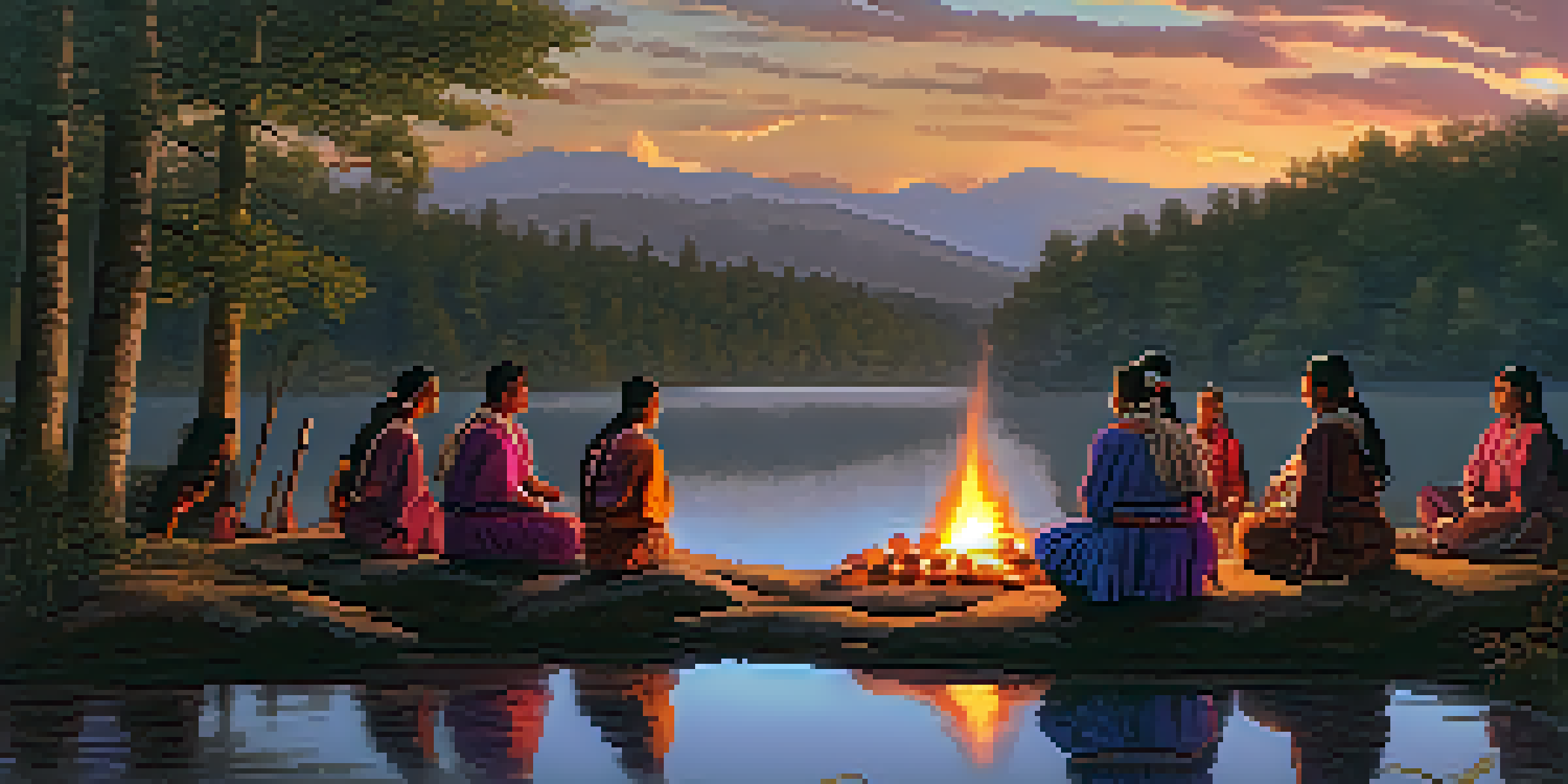 An Indigenous group gathered around a ceremonial fire at sunset, wearing traditional attire, with a river and forest surrounding them.