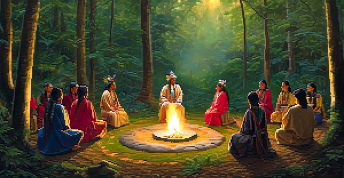 A shaman leading a ceremony in a green forest, with participants seated around a small fire, bathed in warm light.