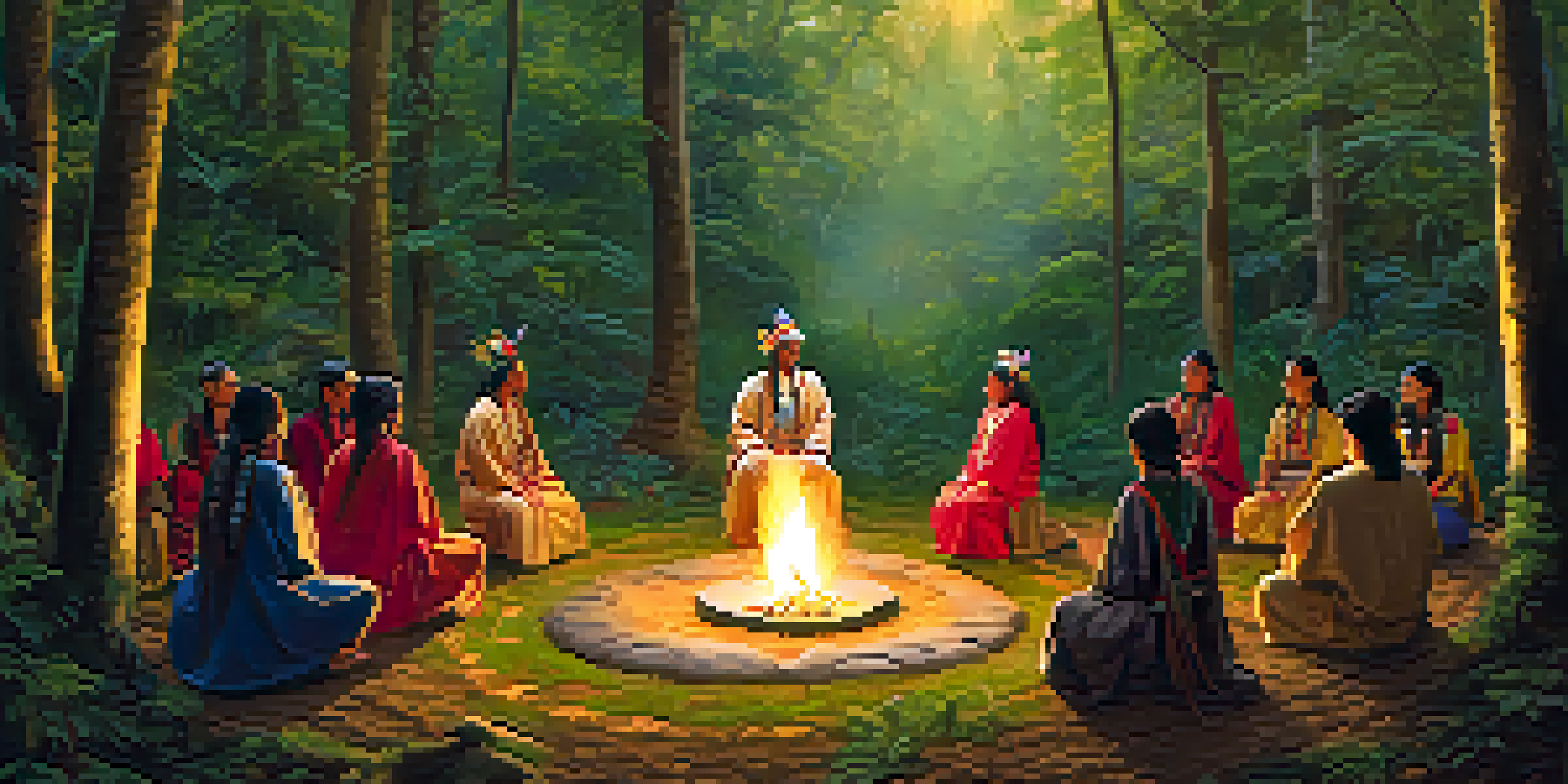 A shaman leading a ceremony in a green forest, with participants seated around a small fire, bathed in warm light.