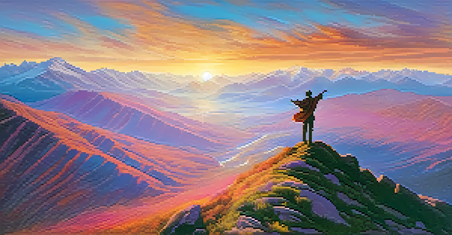 A male figure on a mountain peak at sunrise, arms outstretched towards a colorful sky, symbolizing freedom and self-discovery.