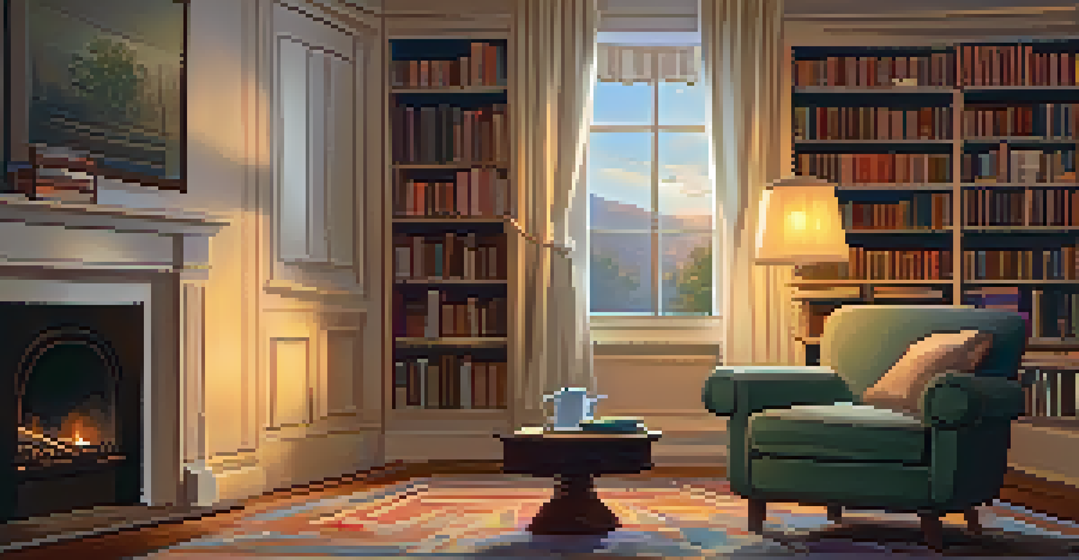 A cozy room with a fireplace, an armchair, and warm lighting, ideal for quiet reflection.