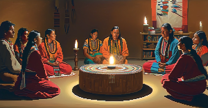 A group of individuals in traditional attire participating in a peyote ceremony, surrounded by warm candlelight and cultural artifacts.