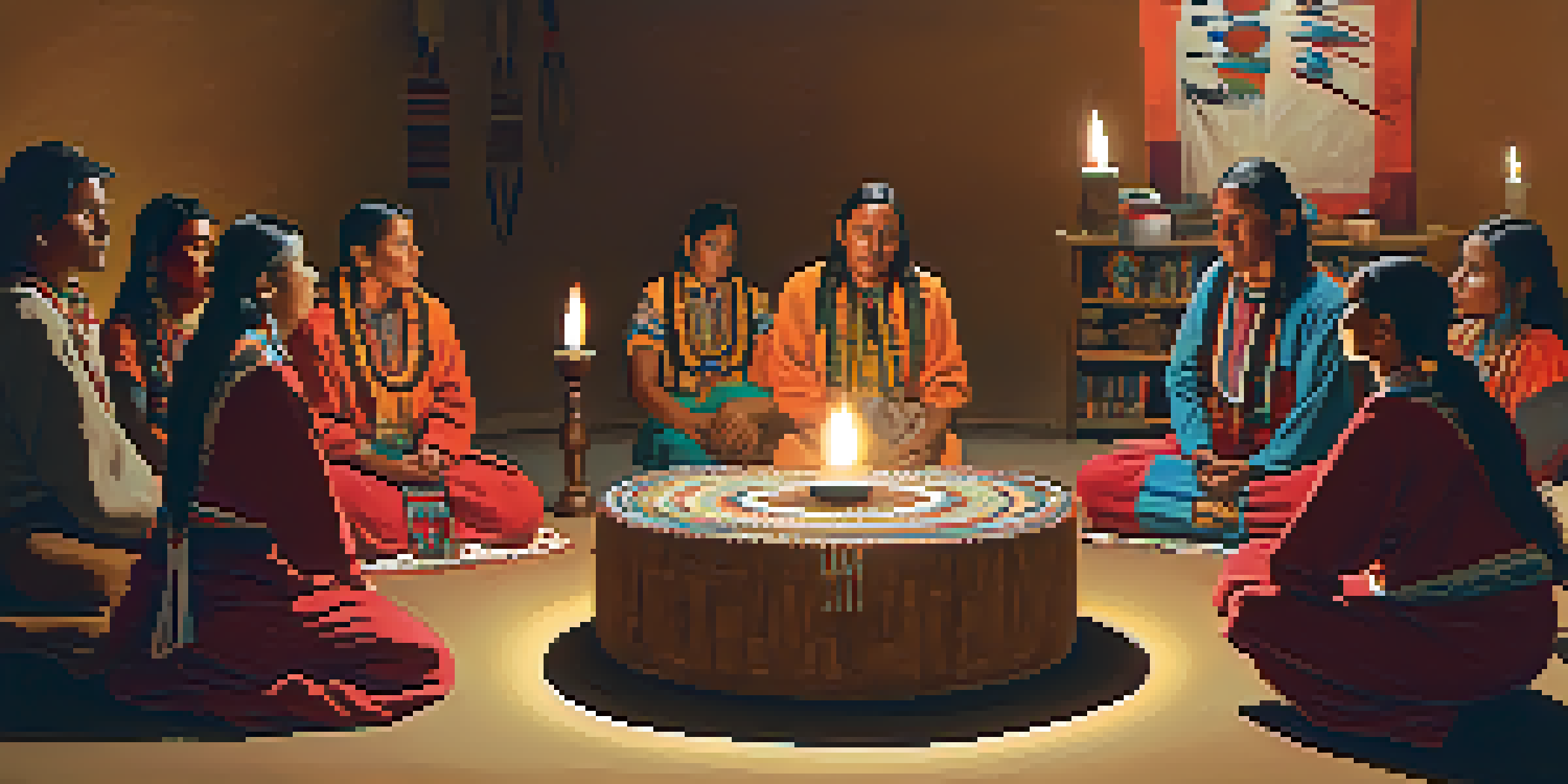 A group of individuals in traditional attire participating in a peyote ceremony, surrounded by warm candlelight and cultural artifacts.