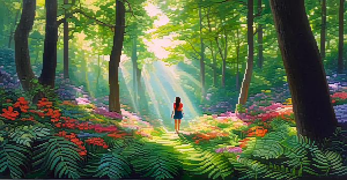 A person standing in a sunlit forest, arms outstretched, surrounded by greenery and colorful flowers, symbolizing a connection with nature.