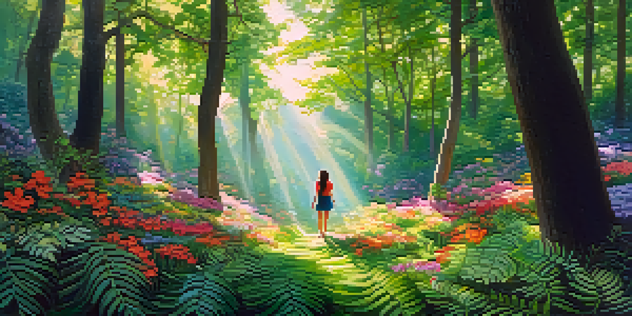 A person standing in a sunlit forest, arms outstretched, surrounded by greenery and colorful flowers, symbolizing a connection with nature.