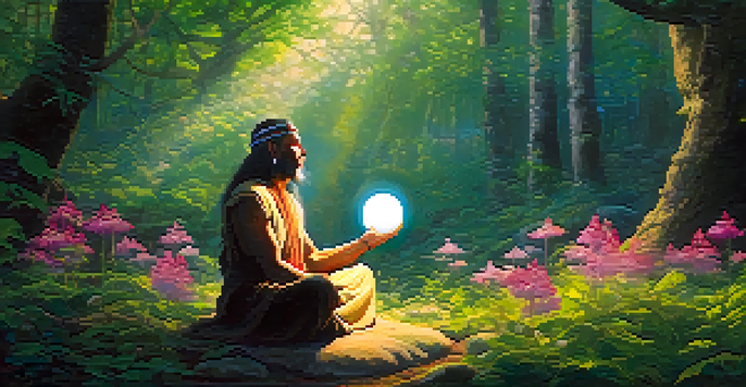 An ancient shaman meditating in a forest clearing, surrounded by flowers and greenery, with a glowing orb of light above him.